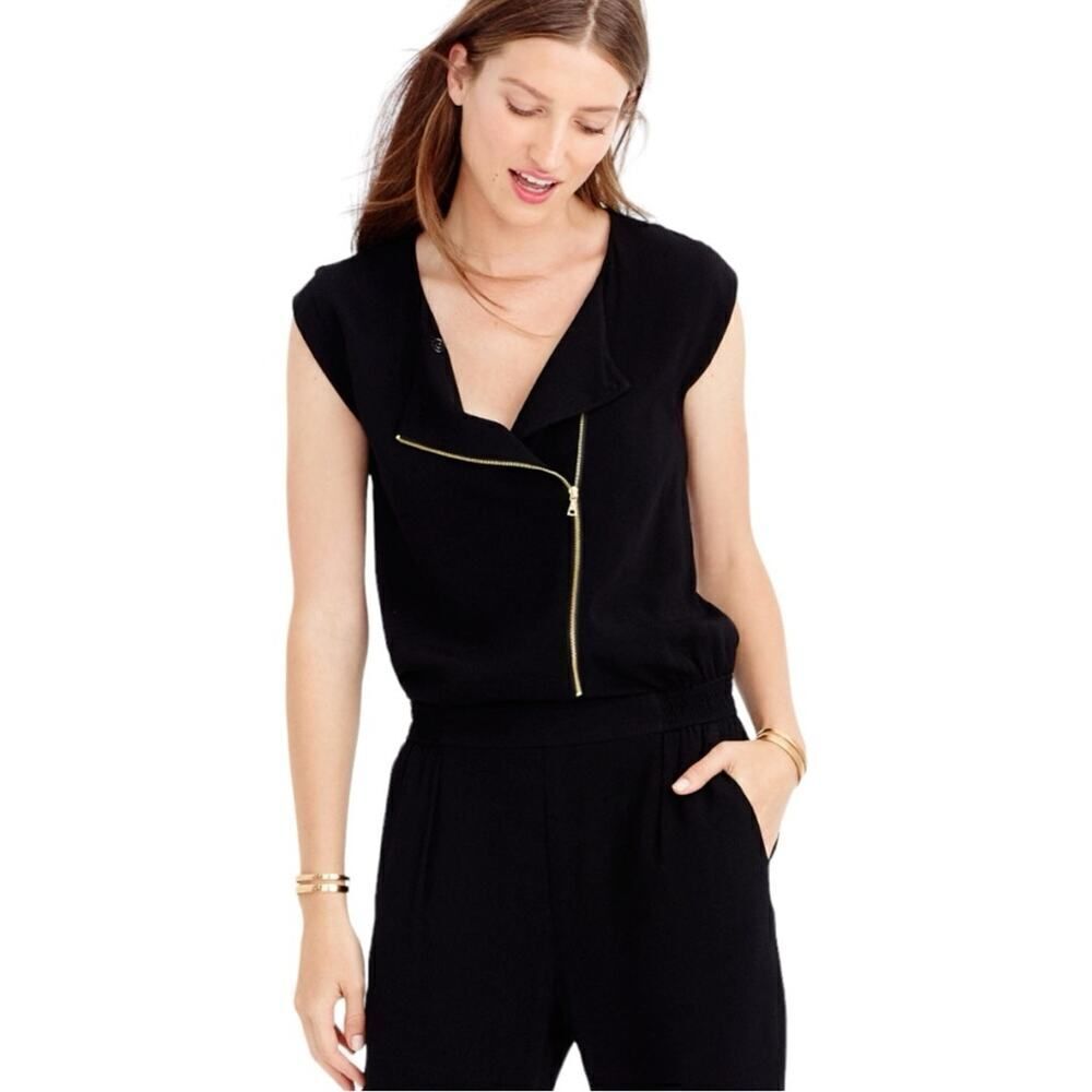 J. Crew Asymmetrical Zip Jumpsuit Black Jogger Ankle Elastic Waist Sleeveless 4P